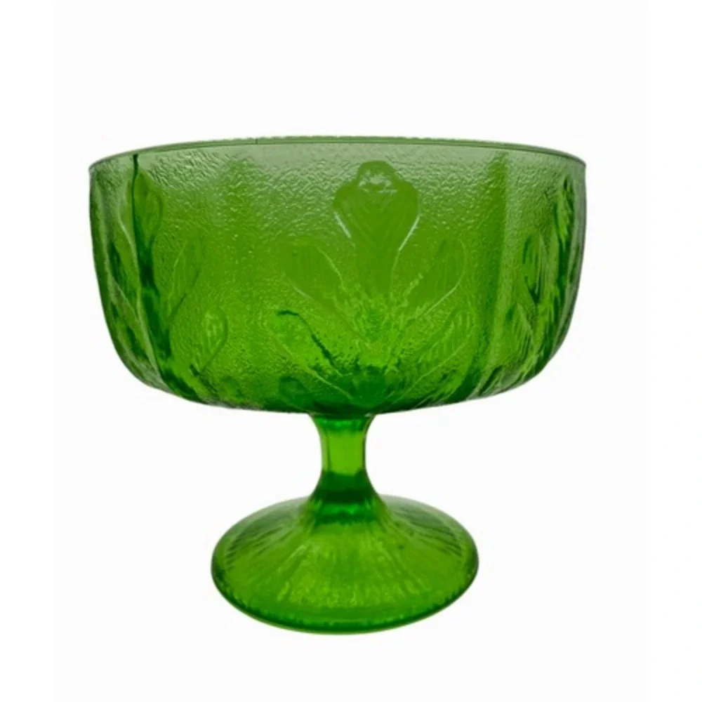 Vintage 1978 Green Footed Etched Glass Compote Bowl or Vase Semi Translucent